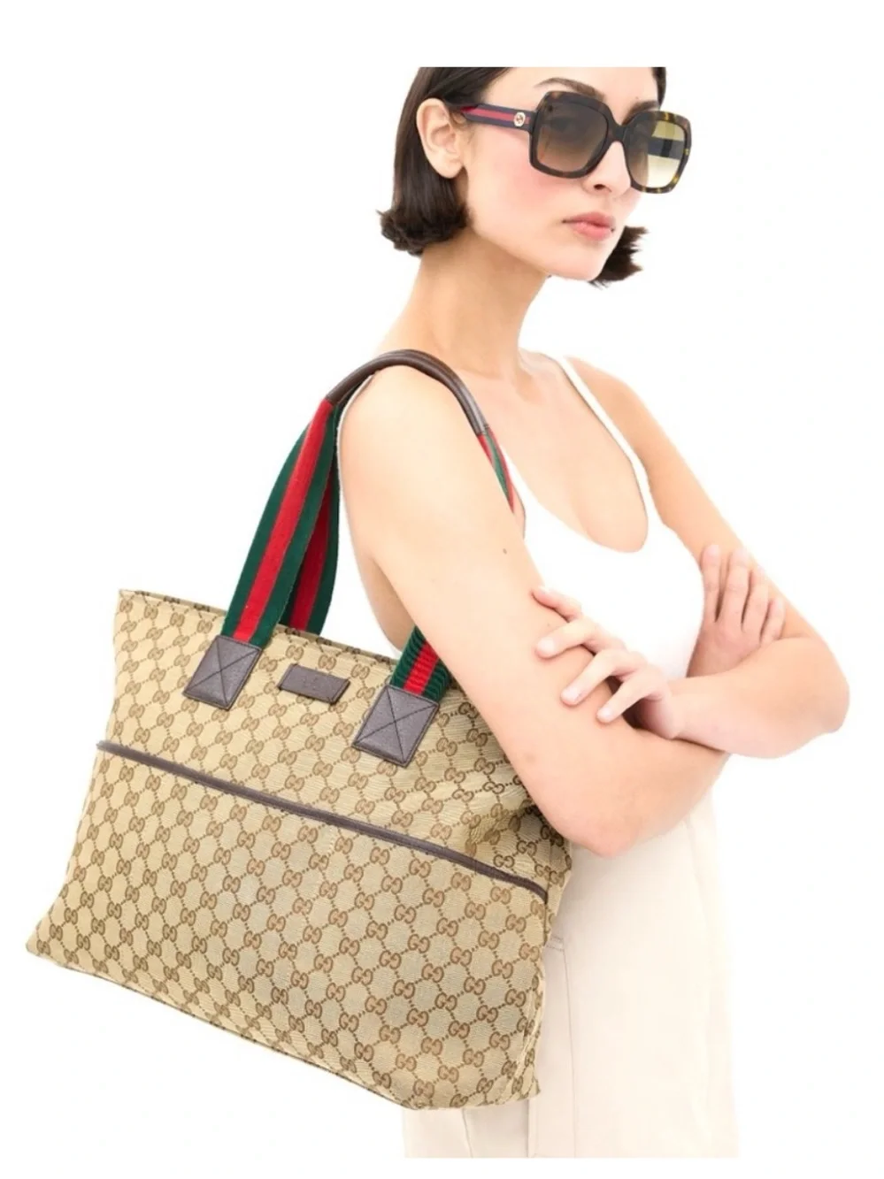 Gucci authentic tote bag brown monogram canvas diaper bag red green handles